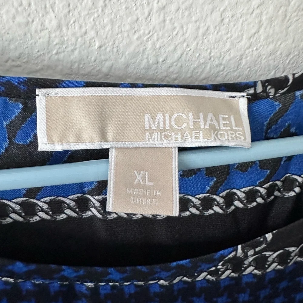 MICHAEL Michael Kors Blue Black Houndstooth Chain Print Blouse XL NWOT